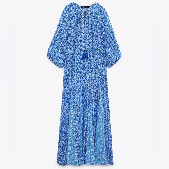 ZARA Blue/White BOHO FLORAL dotted MESH PRINTED MIDI DRESS sz XL - Picture 4 of 4